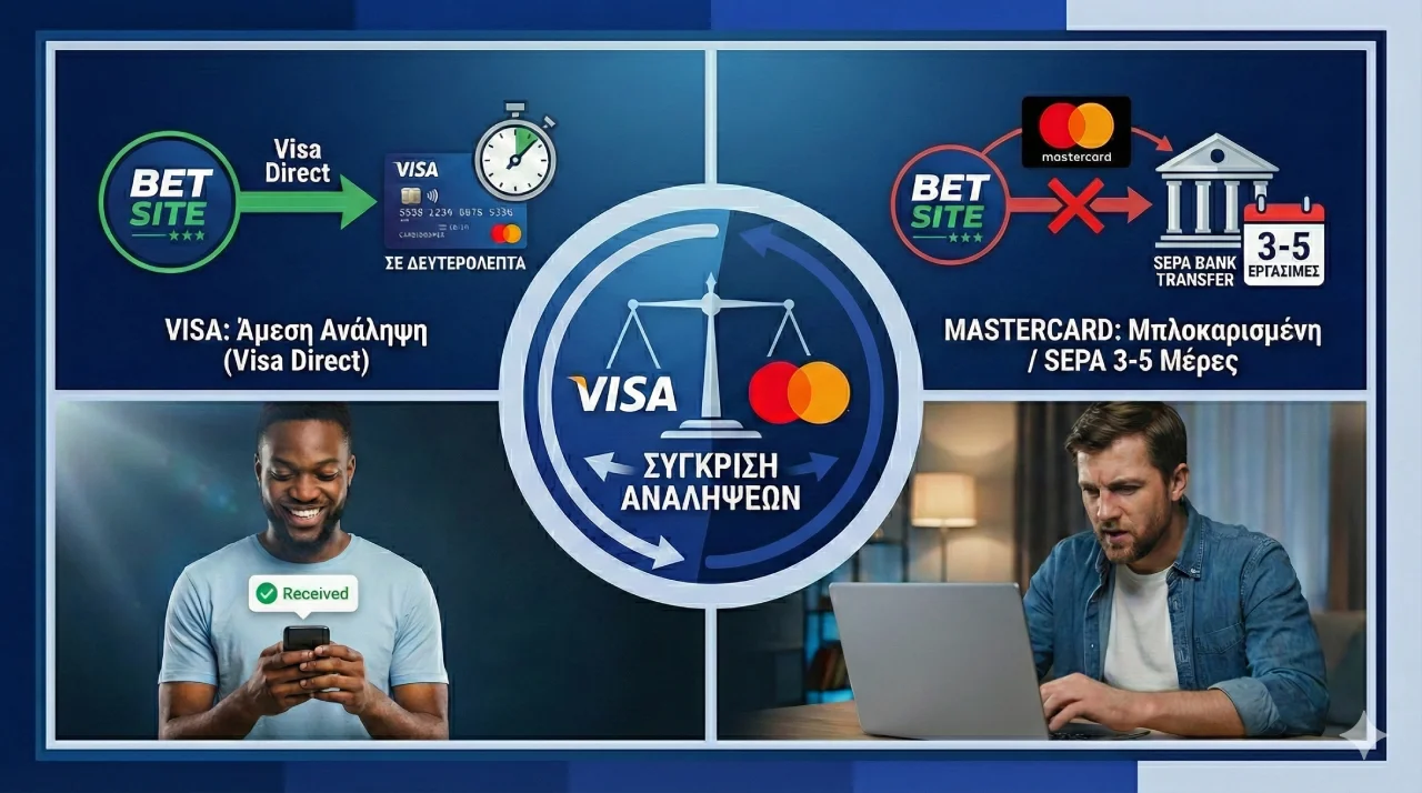 Σύγκριση: Γρήγορη ανάληψη με Visa vs καθυστερήσεις στο στοίχημα με Mastercard. Σύγκριση: Γρήγορη ανάληψη με Visa vs καθυστερήσεις στο στοίχημα με Mastercard.